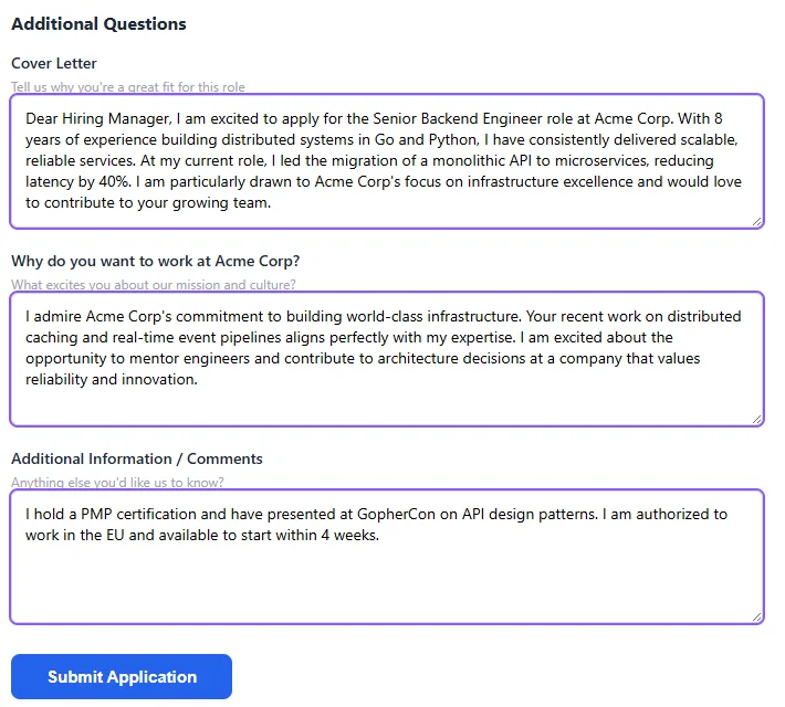 Application form with open questions answered by AI autofill