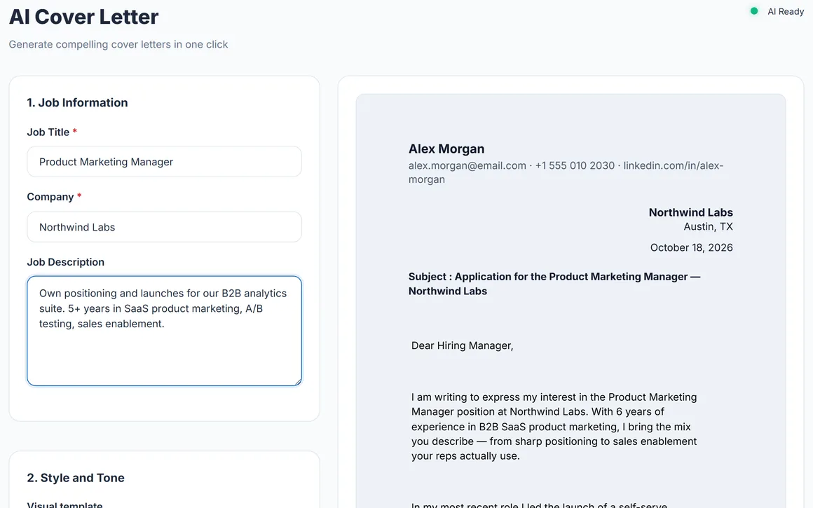 AI cover letter for a product marketing job (demo profile)