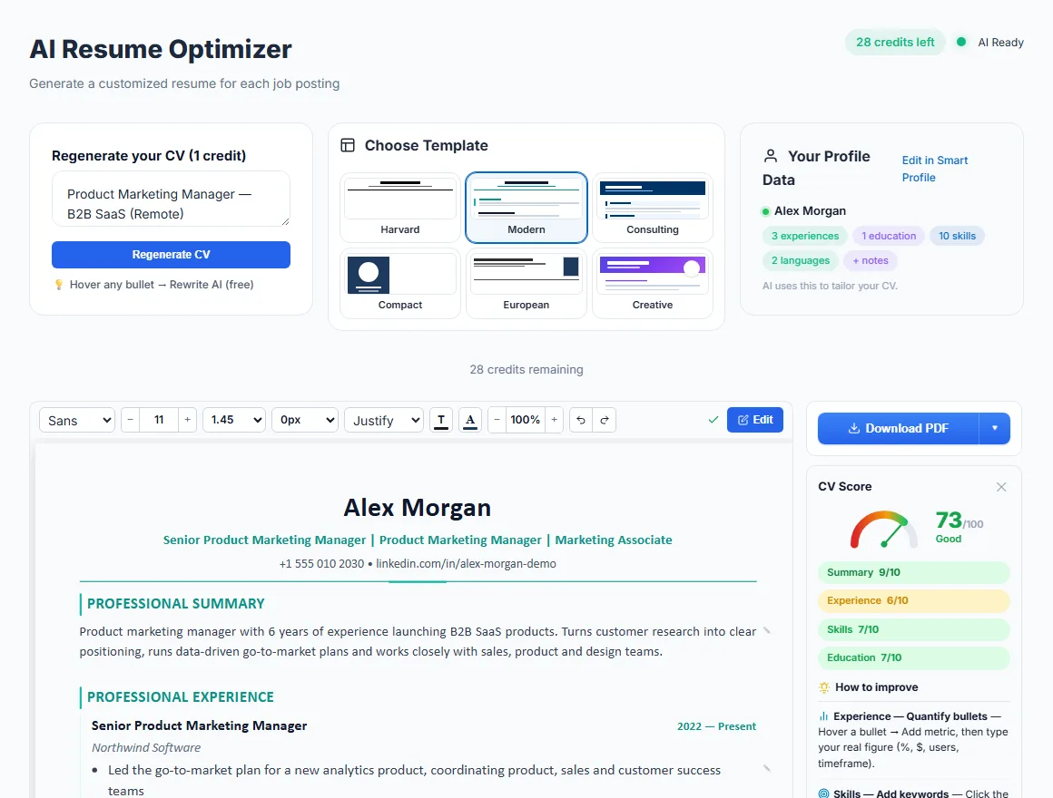 AutoApplyMax AI resume builder: job description box, 6 resume templates, profile summary and the tailored resume with its score