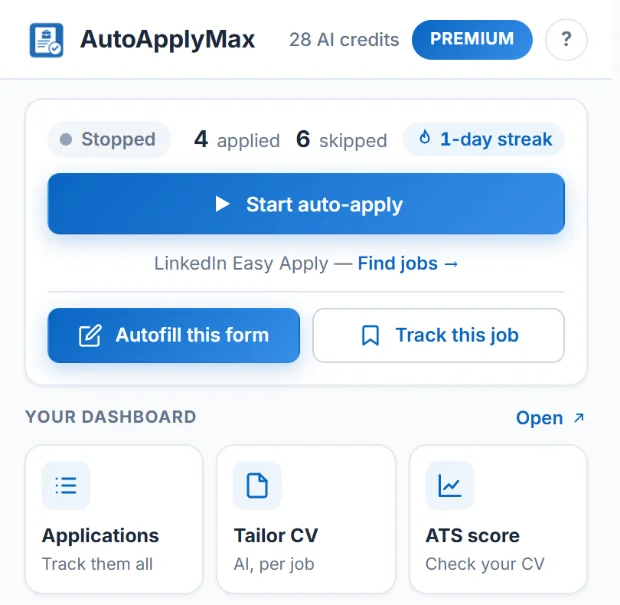AutoApplyMax Chrome extension popup with the Start auto-apply and Autofill this form buttons