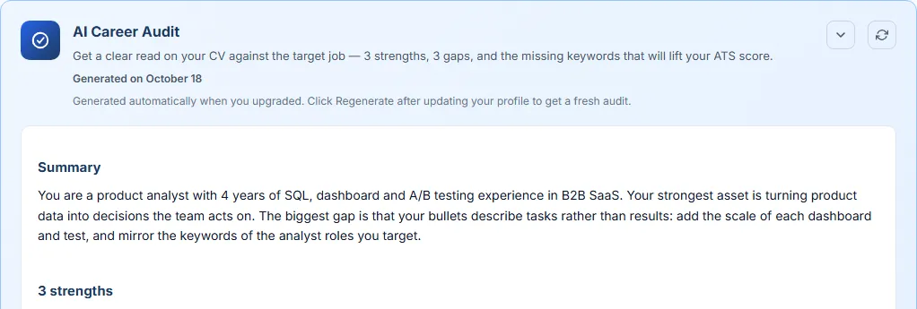 AI Career Audit summary in Career Insights (demo profile)
