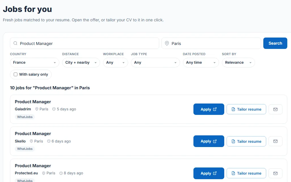 Jobs for you in the dashboard, with Apply and Tailor resume buttons