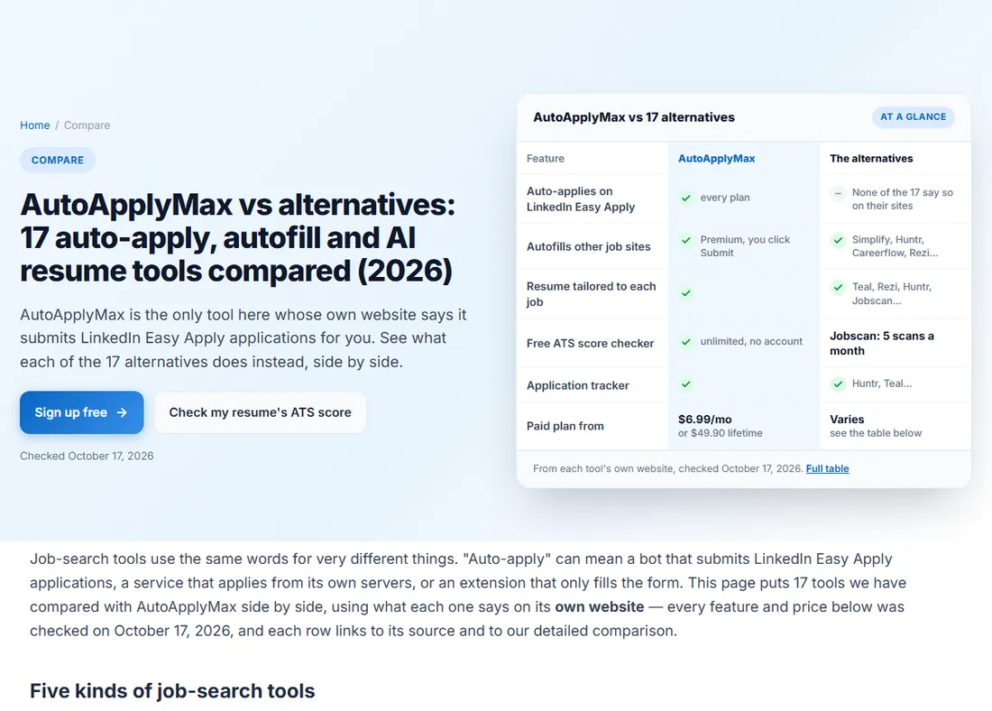 AutoApplyMax comparisons with other job search tools
