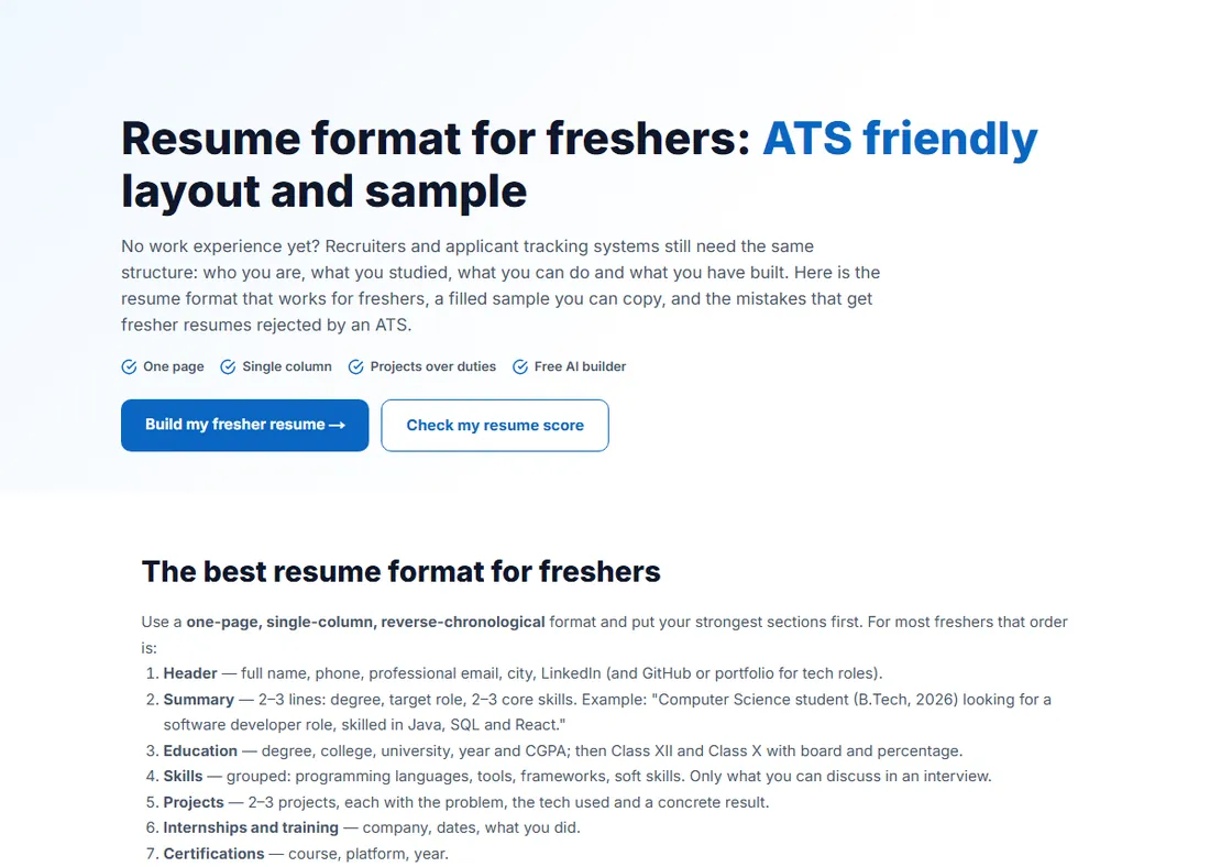 Resume format for freshers guide