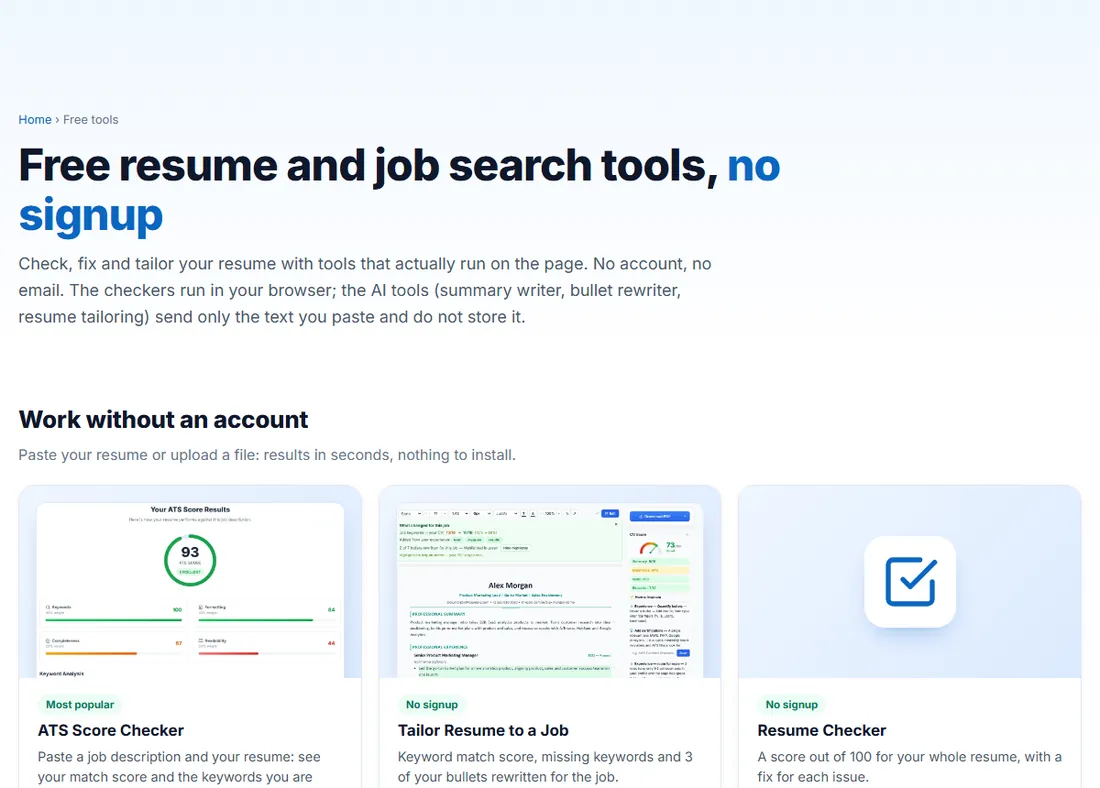 Free resume and job search tools page