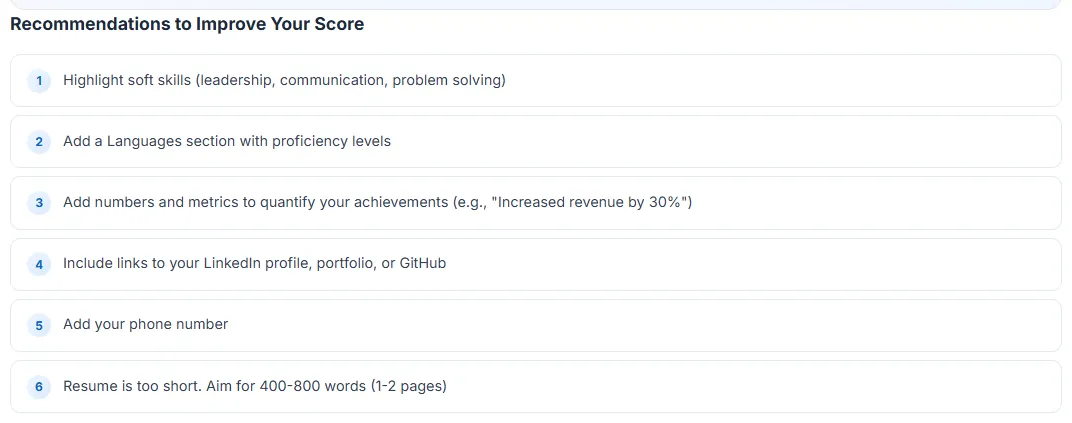 Resume checker recommendations: a fix for each issue (demo resume)