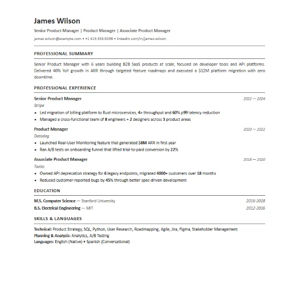 European ATS resume template preview (sample resume)