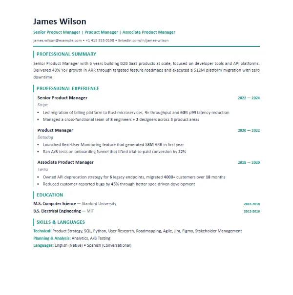 Modern ATS resume template preview (sample resume)