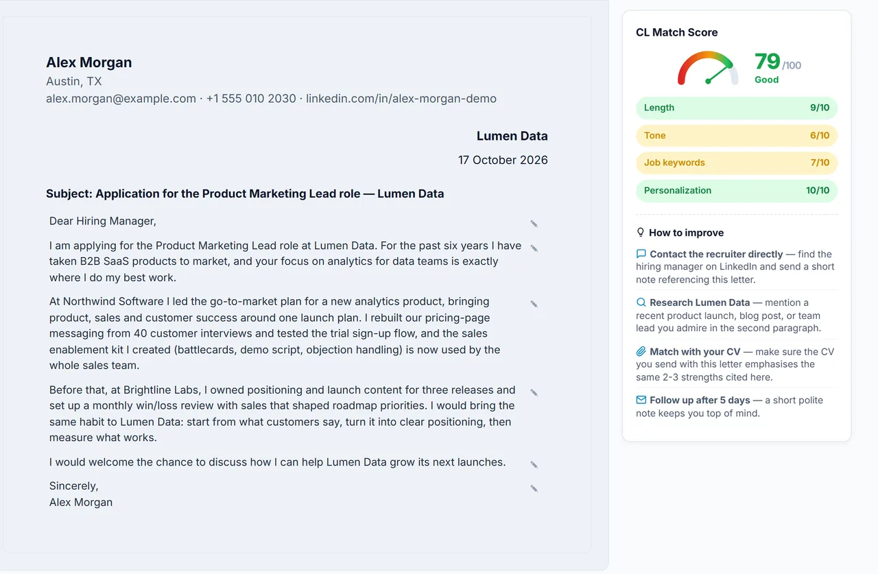 AutoApplyMax cover letter editor with a letter for a Product Marketing Lead role at Lumen Data and its match score of 79 out of 100