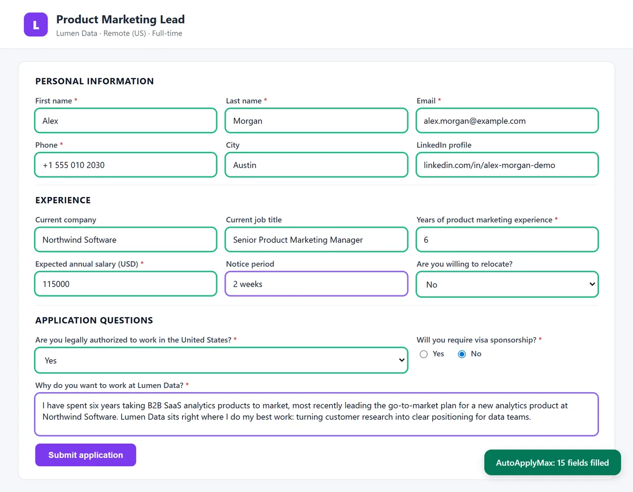 Job application form filled in by the AutoApplyMax extension: contact details, current role, salary and work authorization from the saved profile, and an AI-written answer to Why do you want to work here