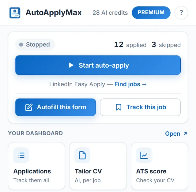 AutoApplyMax Chrome extension popup: Start auto-apply on LinkedIn Easy Apply, applied and skipped counters, Autofill this form and Track this job buttons