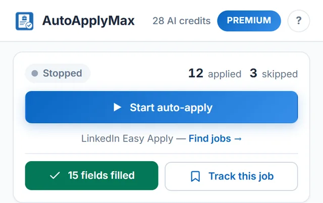 AutoApplyMax extension popup showing 15 fields filled after clicking Autofill this form