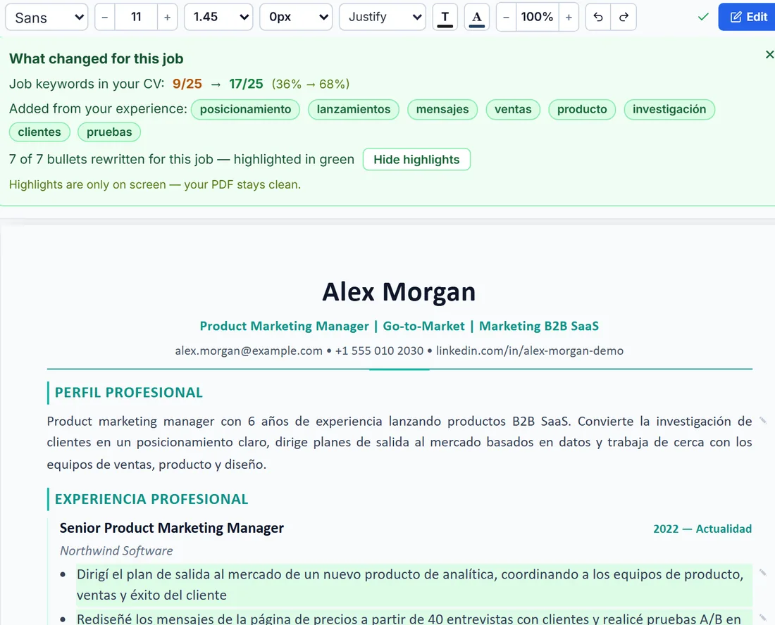 Resume translated to Spanish for a job posting (demo profile)