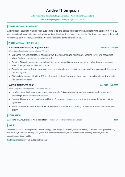 Administrative, HR and Legal resume example