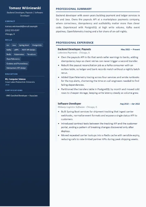 Backend Developer resume template (Compact), mid-level example: Tomasz Wiśniewski, Backend Developer, Payouts