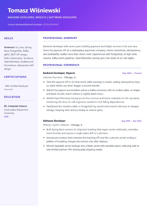 Backend Developer resume template (Creative), mid-level example: Tomasz Wiśniewski, Backend Developer, Payouts