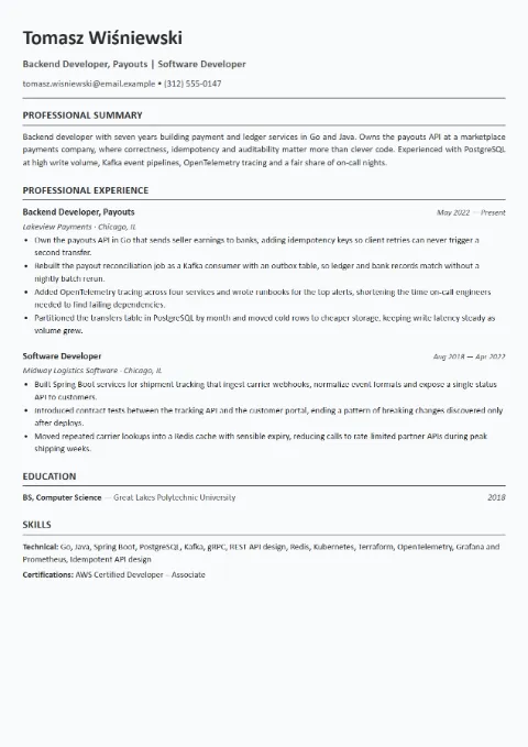 Backend Developer resume template (European), mid-level example: Tomasz Wiśniewski, Backend Developer, Payouts