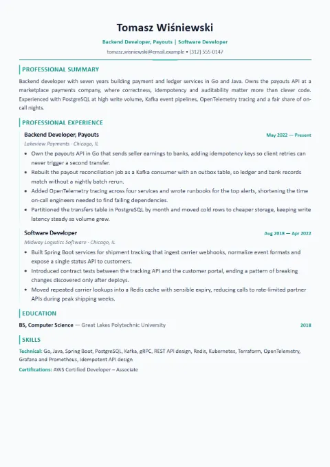 Backend Developer resume template (Modern), mid-level example