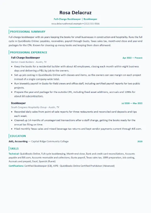 Bookkeeper resume template (Modern), mid-level example