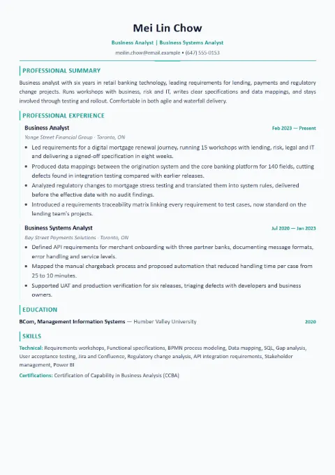Business Analyst resume template (Modern), mid-level example