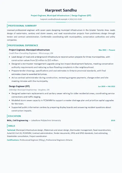 Civil Engineer resume template (Modern), mid-level example