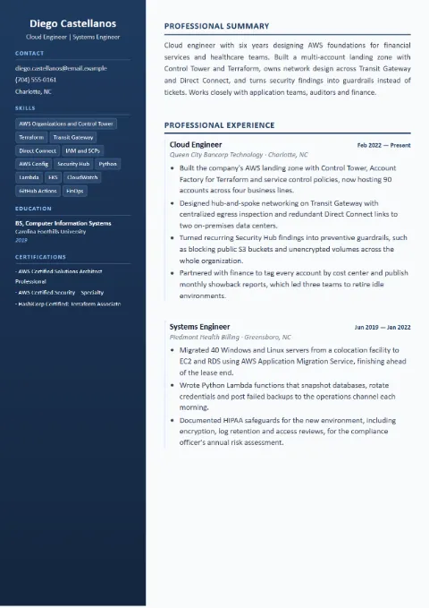 Cloud Engineer resume template (Compact), mid-level example: Diego Castellanos, Cloud Engineer
