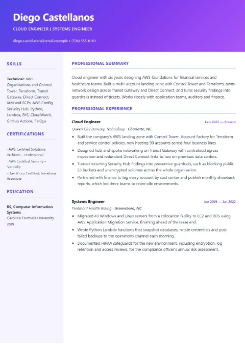 Cloud Engineer resume template (Creative), mid-level example: Diego Castellanos, Cloud Engineer