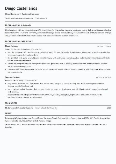 Cloud Engineer resume template (European), mid-level example: Diego Castellanos, Cloud Engineer