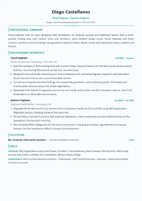 Cloud Engineer resume template (Modern), mid-level example