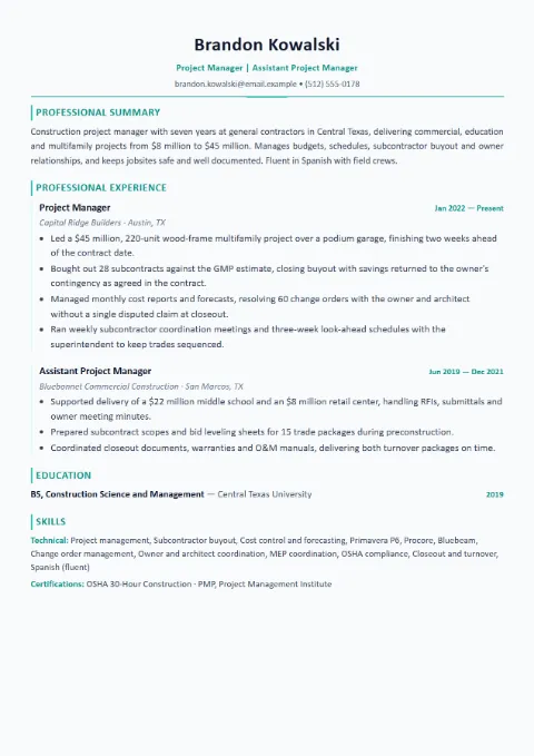 Construction Manager resume template (Modern), mid-level example