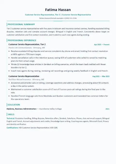 Customer Service Representative resume template (Modern), mid-level example