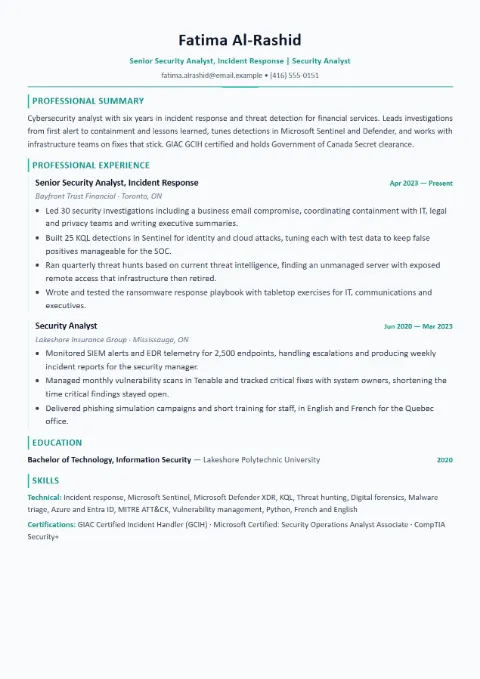 Cybersecurity Analyst resume template (Modern), mid-level example