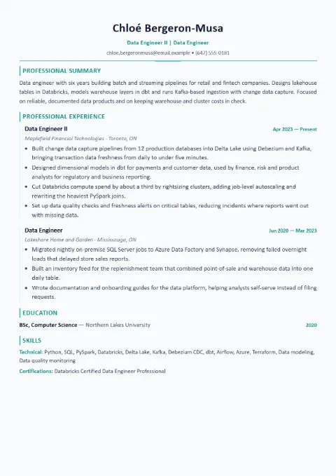 Data Engineer resume template (Modern), mid-level example