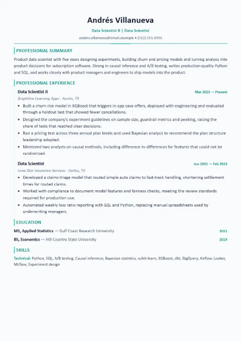 Data Scientist resume template (Modern), mid-level example