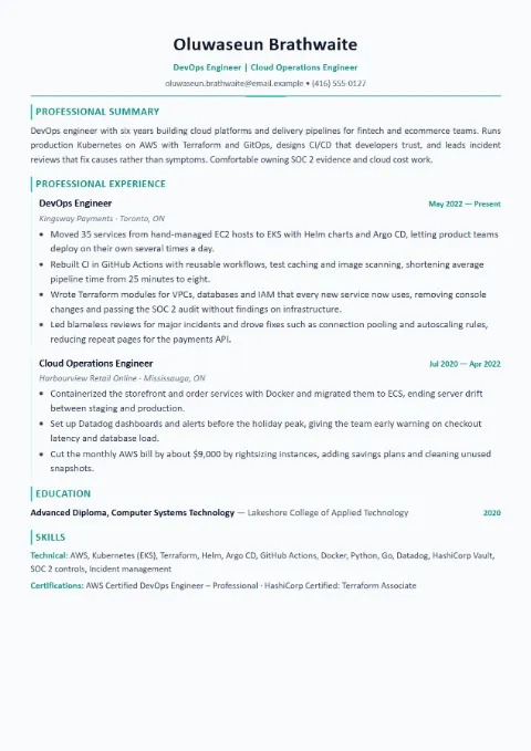 DevOps Engineer resume template (Modern), mid-level example