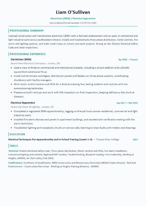 Electrician resume template (Modern), mid-level example