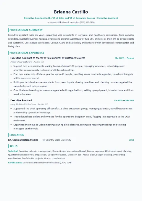 Executive Assistant resume template (Modern), mid-level example
