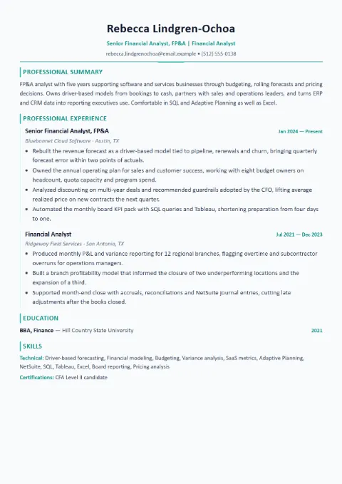 Financial Analyst resume template (Modern), mid-level example
