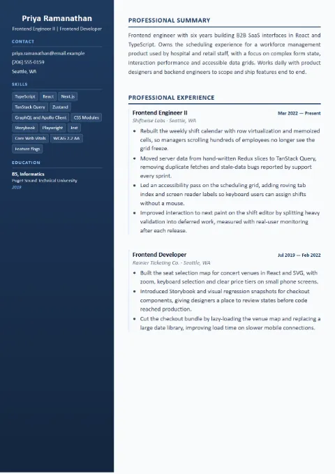 Frontend Developer resume template (Compact), mid-level example: Priya Ramanathan, Frontend Engineer II