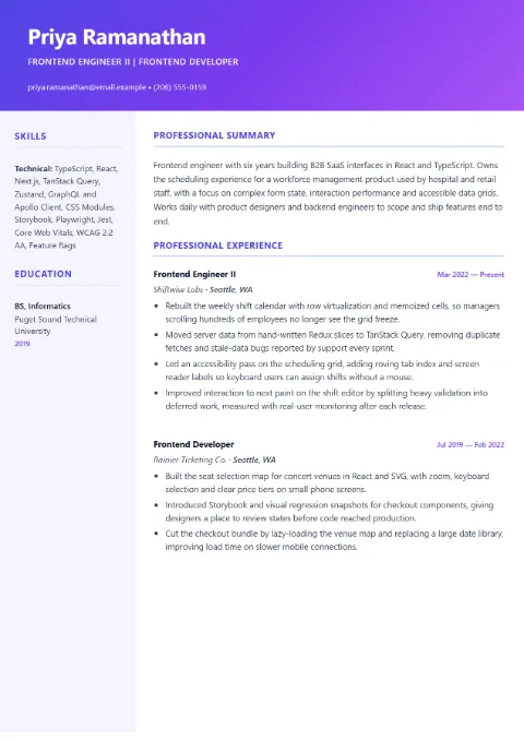 Frontend Developer resume template (Creative), mid-level example: Priya Ramanathan, Frontend Engineer II