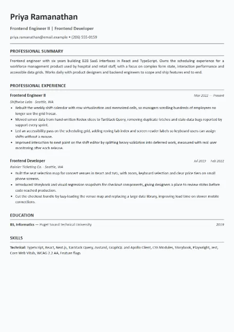 Frontend Developer resume template (European), mid-level example: Priya Ramanathan, Frontend Engineer II