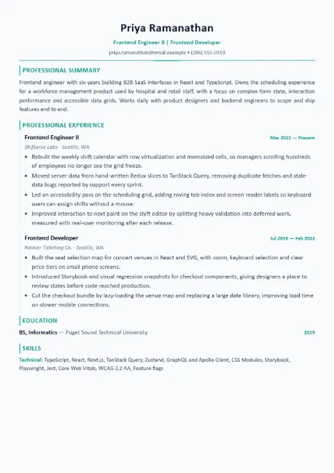 Frontend Developer resume template (Modern), mid-level example