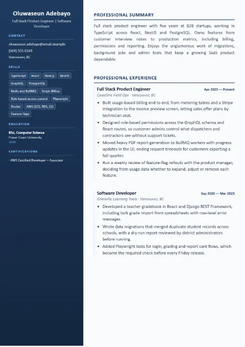 Full Stack Developer resume template (Compact), mid-level example: Oluwaseun Adebayo, Full Stack Product Engineer