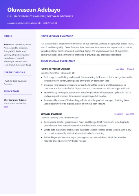 Full Stack Developer resume template (Creative), mid-level example: Oluwaseun Adebayo, Full Stack Product Engineer