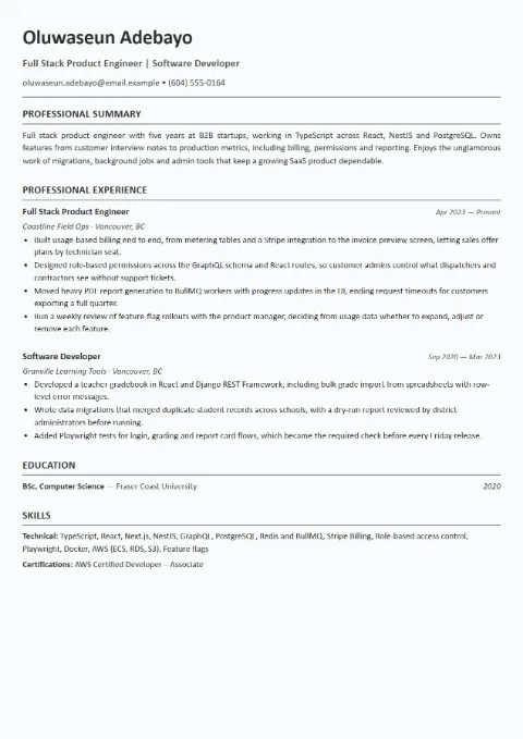 Full Stack Developer resume template (European), mid-level example: Oluwaseun Adebayo, Full Stack Product Engineer