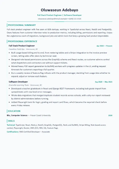 Full Stack Developer resume template (Modern), mid-level example