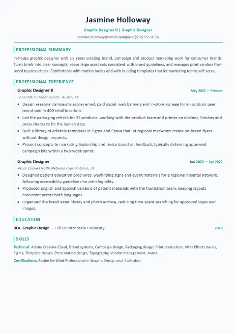 Graphic Designer resume template (Modern), mid-level example