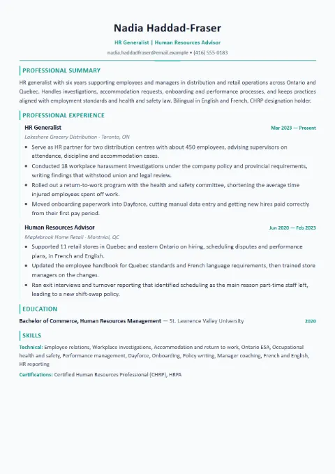 HR Generalist resume template (Modern), mid-level example