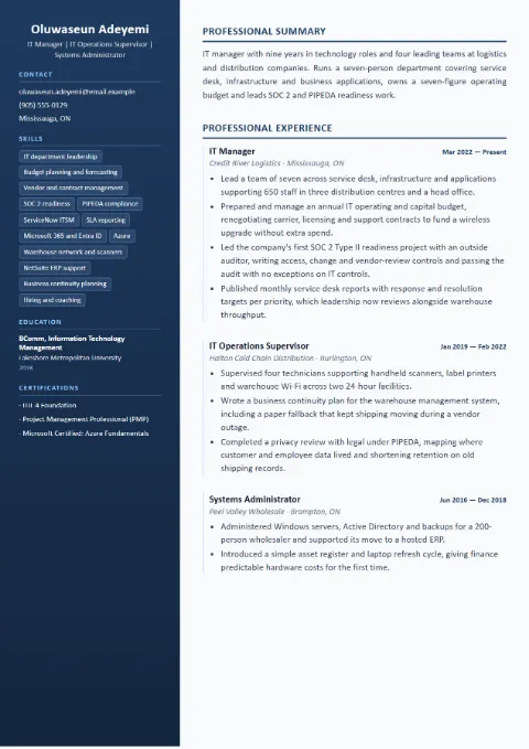 IT Manager resume template (Compact), mid-level example: Oluwaseun Adeyemi, IT Manager