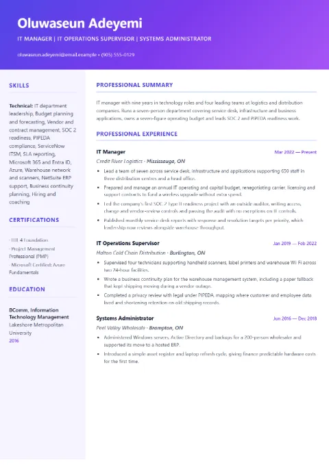 IT Manager resume template (Creative), mid-level example: Oluwaseun Adeyemi, IT Manager